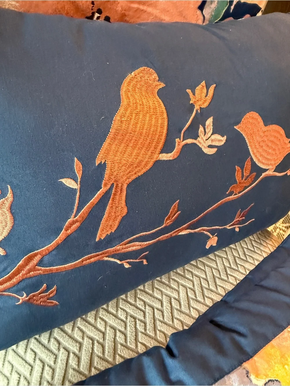 Lush decor Navy Blue and floral queen pillow case set with decorative pillow.